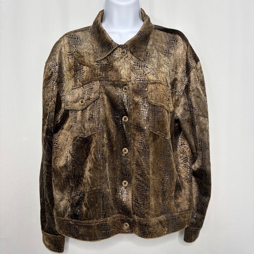 Carole Little Women Metallic Snakeskin Print Button Front Trucker Jacket Gold 12